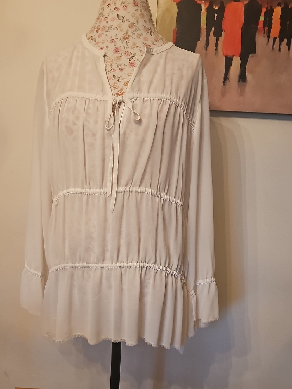 hinge Cream Tie-Neck Tiered Blouse